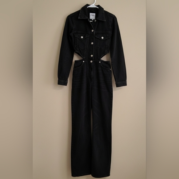 ZARA Black Denim Side Cutout Jumpsuit - Size XS - Picture 6 of 9
